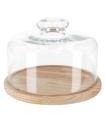 Quesera redonda con tapa de cristal y base de madera 24 x 12 cm. Recipiente para conservar frescos quesos o embutidos