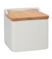 Tradineur - Salero de cerámica y tapa de bambú, recipiente para la sal, cocina, hogar (Blanco - 11,3 x 11,3 x 12 cm)