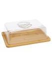 Tradineur - Quesera rectangular con tapa de plástico y base de bambú, recipiente de cocina con asa para guardar queso y embutidos - 23,5 x 18 x 7 cm