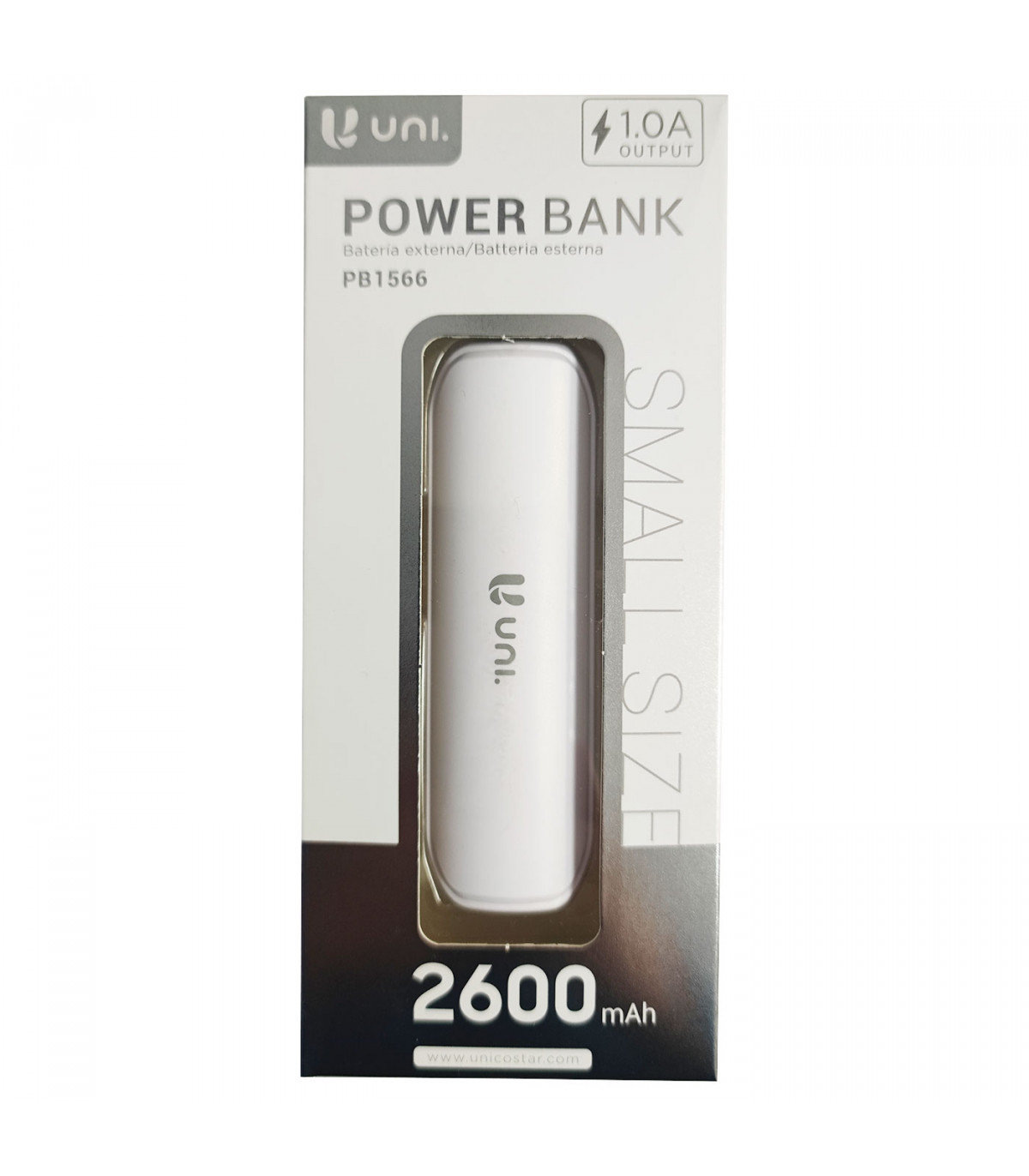 Batería externa blanca 2600 mAh, 1.0A, cable micro-USB, indicador