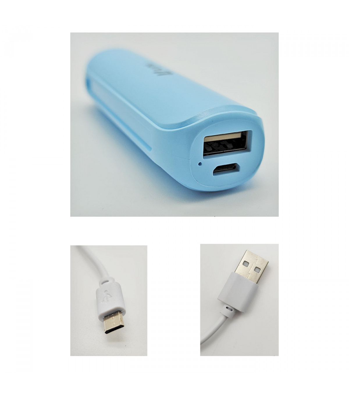 Batería externa azul 2600 mAh, 1.0A, cable micro-USB, indicador