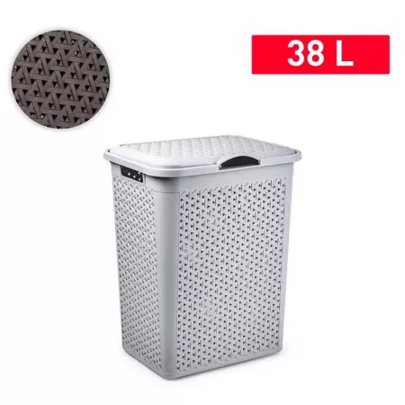 Cesto ropa sucia 38L tapa y asas gris claro diseño mimbre Cesto ropa sucia 38L tapa y asas gris claro diseño mimbre