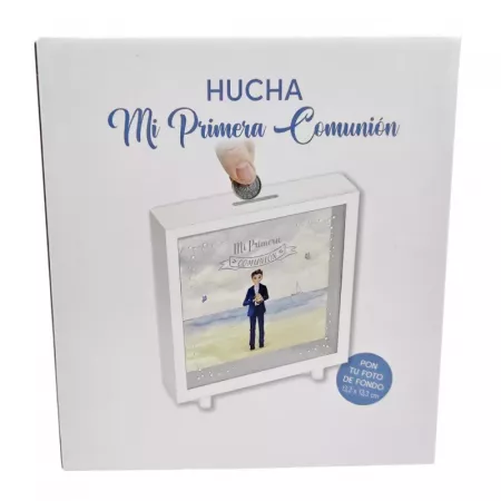 Hucha Mi Primera Comunión niño playa en madera y cristal Hucha Mi Primera Comunión niño playa en madera y cristal