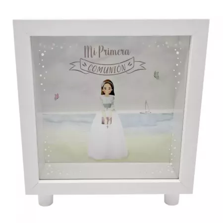 Hucha Mi Primera Comunión niña en la playa, madera y cristal Hucha Mi Primera Comunión niña en la playa, madera y cristal