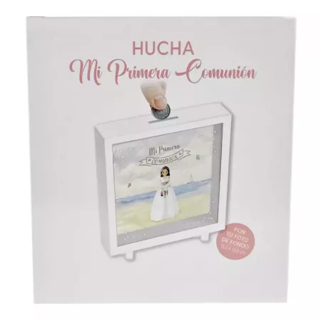 Hucha Mi Primera Comunión niña en la playa, madera y cristal Hucha Mi Primera Comunión niña en la playa, madera y cristal