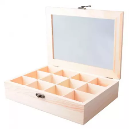 Expositor joyas madera natural 12 compartimentos con tapa cristal Expositor joyas madera natural 12 compartimentos con tapa cristal