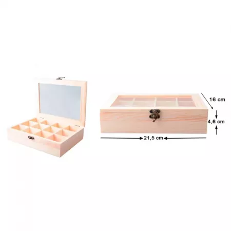 Expositor joyas madera natural 12 compartimentos con tapa cristal Expositor joyas madera natural 12 compartimentos con tapa cristal