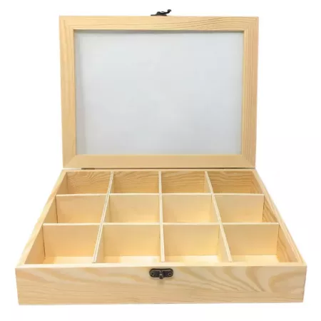 Expositor joyas madera natural 12 compartimentos con tapa cristal