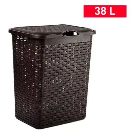Cesto ropa sucia 38L con tapa y asas, diseño mimbre wengué