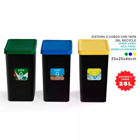 Set 3 Cubos Reciclaje Apilables 28L Colores Verde/Azul/Amarillo Set 3 Cubos Reciclaje Apilables 28L Colores Verde/Azul/Amarillo