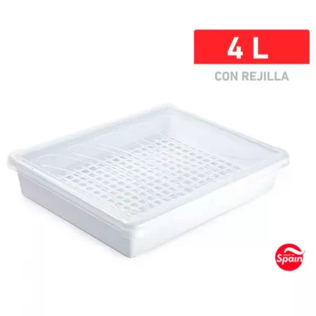 Bandeja polipropileno 4L con tapa y rejilla, blanca y transparente Bandeja polipropileno 4L con tapa y rejilla, blanca y transparente