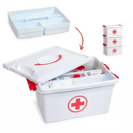 Caja Botiquín 12L con Bandeja y Cierres Seguros - Blanco/Rojo Caja Botiquín 12L con Bandeja y Cierres Seguros - Blanco/Rojo