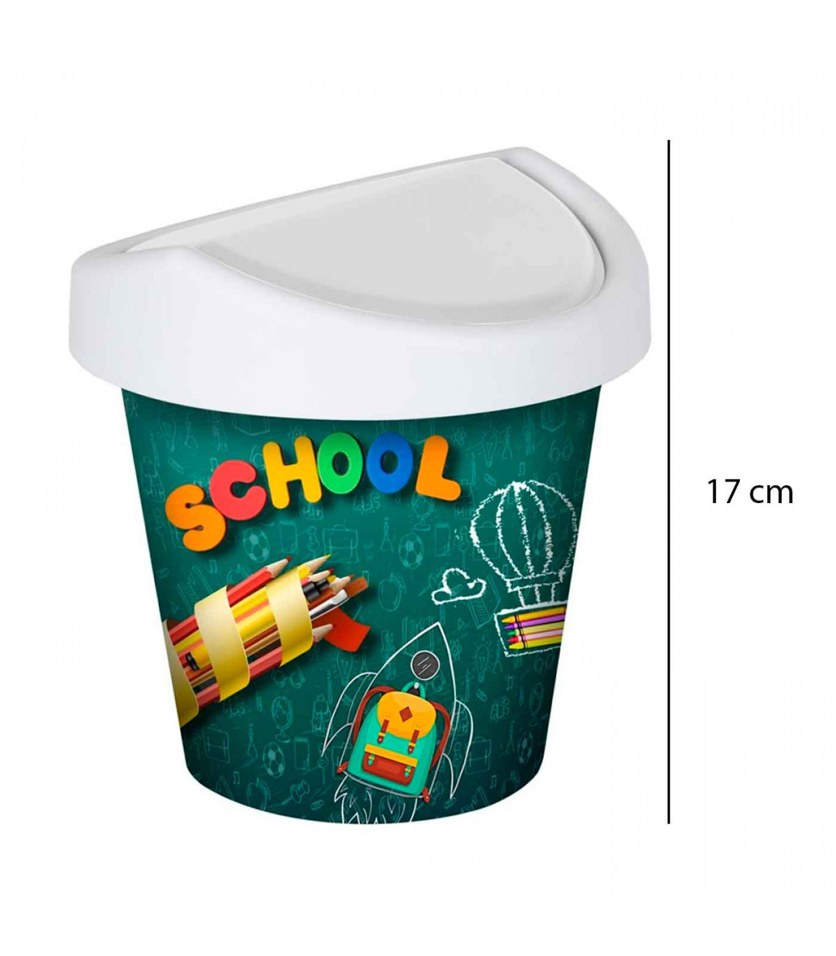 Mini papelera redonda con tapa giratoria de plástico con diseño de colegio.  Oficina, escritorio, estudio. 17 x 16 cm
