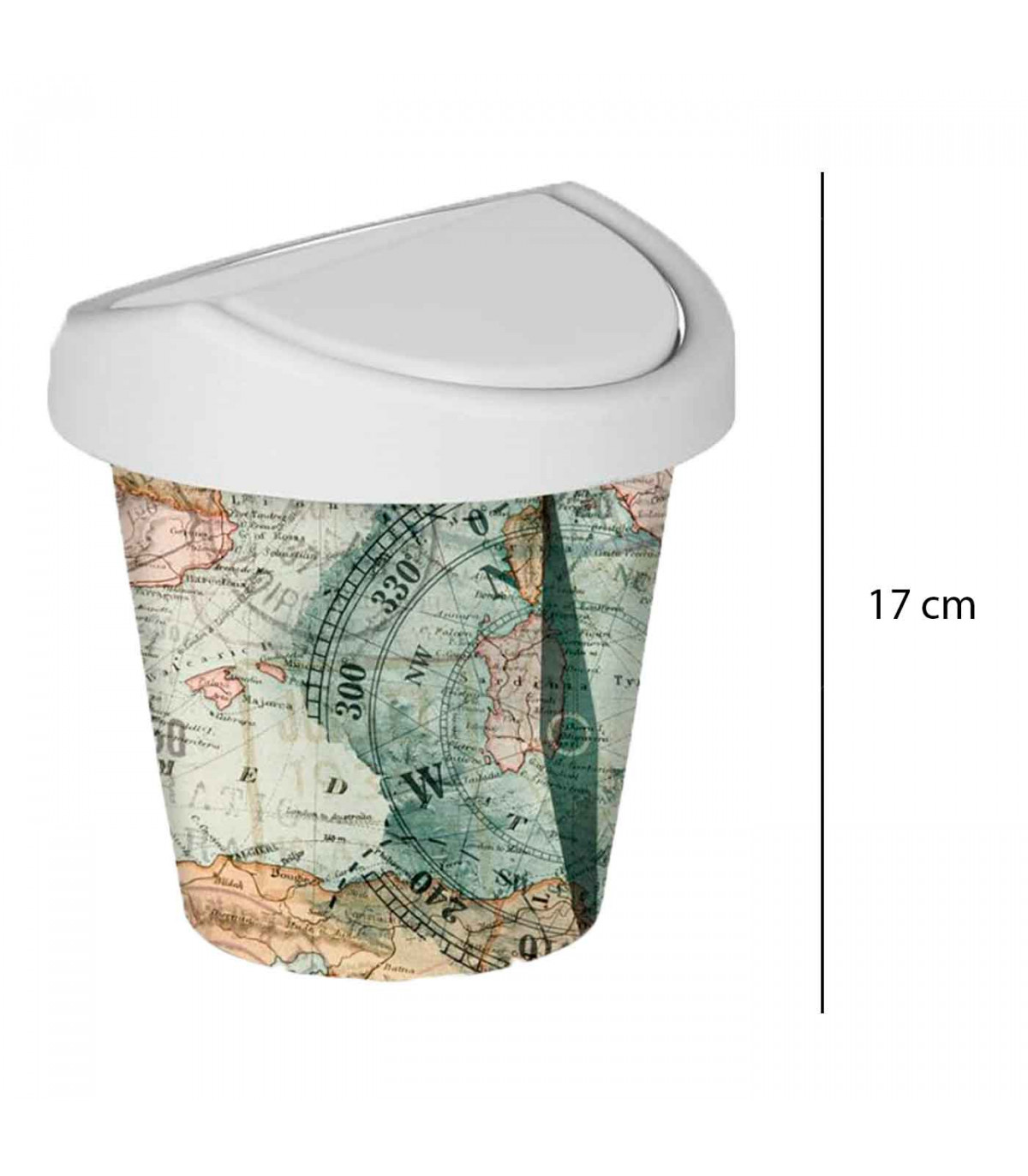 Mini papelera redonda con tapa giratoria de plástico con diseño de  mapamundi. Oficina, escritorio, estudio. 17 x 16 cm
