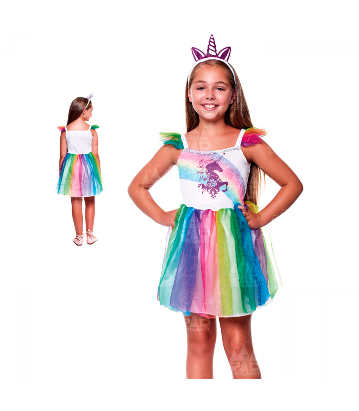 Disfraz de unicornio niña, fibra sintética, incluye vestido y diadema,  carnaval, halloween, cosplay, fiestas, infantil (7-9 años