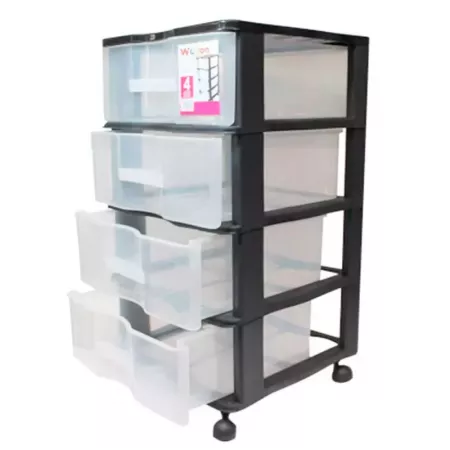 Cajonera 4 Cajones Plástico Negra con Ruedas y Transparente Cajonera 4 Cajones Plástico Negra con Ruedas y Transparente