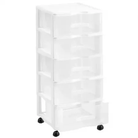 Cajonera práctica 5 cajones con ruedas, blanca y transparente Cajonera práctica 5 cajones con ruedas, blanca y transparente