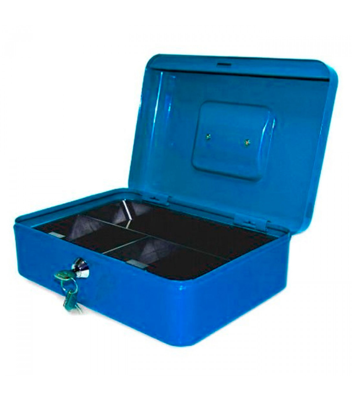 Caja de caudales color azul con bandeja portamonedas.
