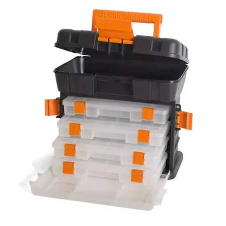 Caja de Herramientas Negra y Naranja con 4 Compartimentos y Asa Caja de Herramientas Negra y Naranja con 4 Compartimentos y Asa