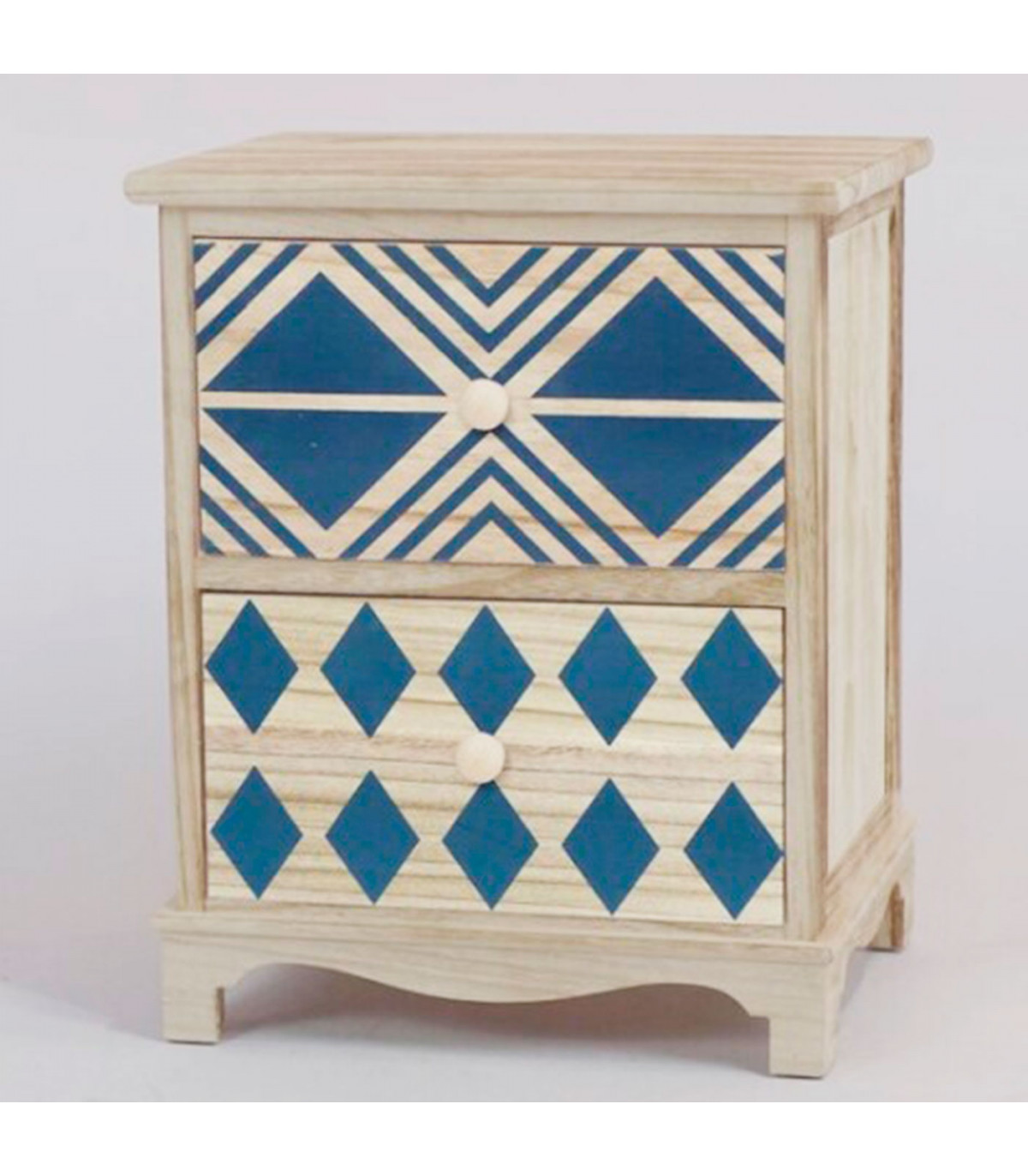 Cajonera de madera natural con 2 cajones, 45,5 x 36 x 26 cm, diseño con  rombos azules, torre de ordenación, mueble auxiliar alma