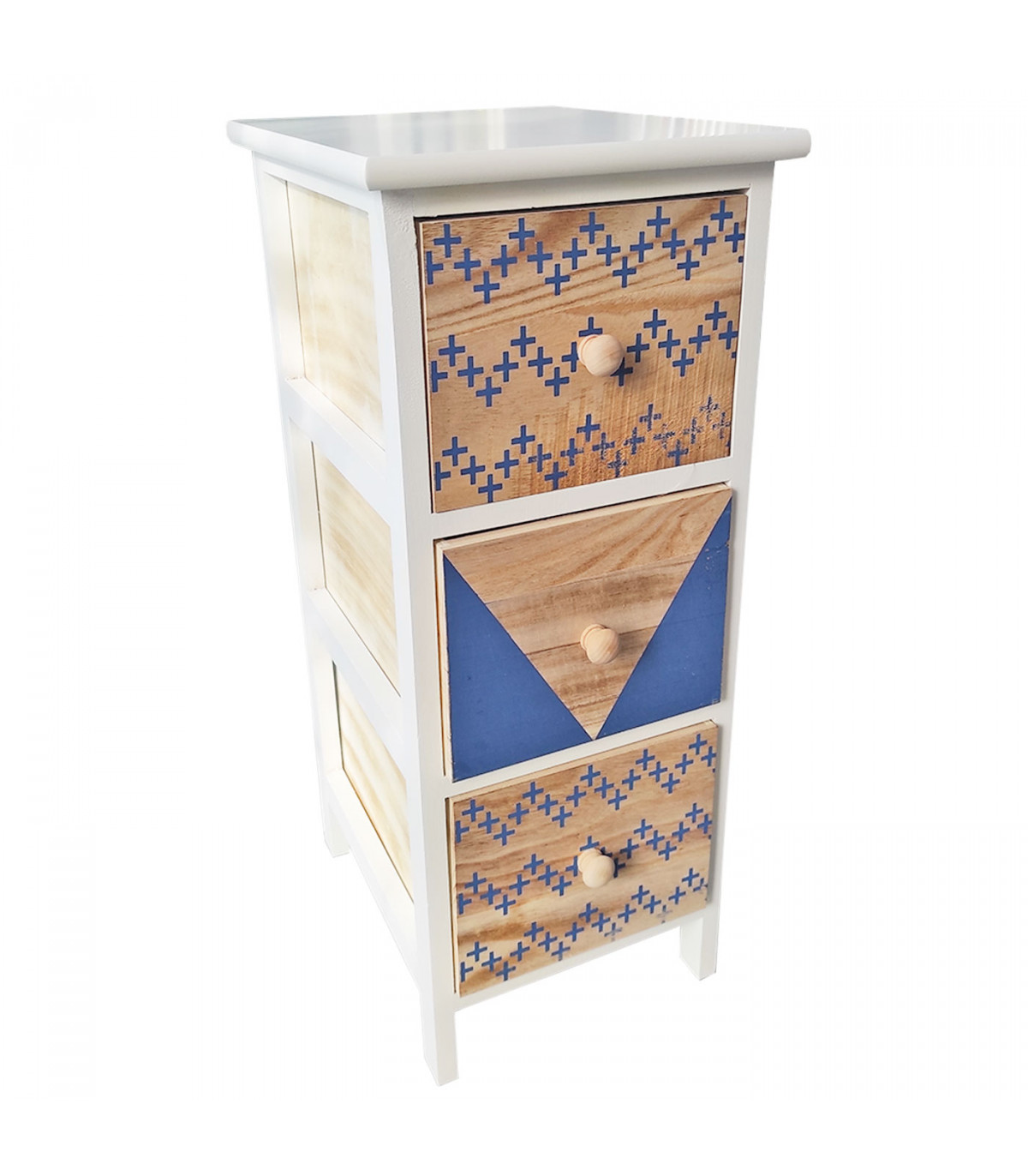 Cajonera blanca de madera, 3 cajones, 62,5 x 26 x 32 cm, diseño con cruces  azules, torre de ordenación, mueble auxiliar almacena