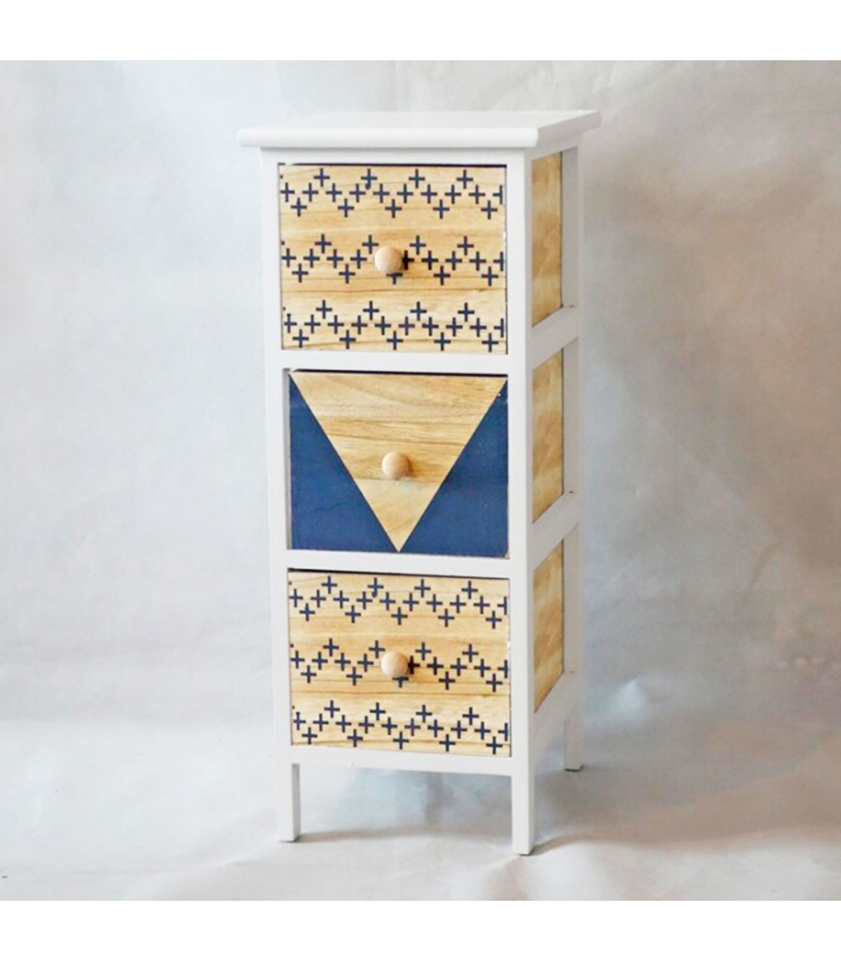 sal Exclusión eficaz Cajonera blanca de madera, 3 cajones, 62,5 x 26 x 32 cm, diseño con cruces  azules, torre de ordenación, mueble auxiliar almacena