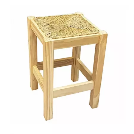 Taburete de Madera de Pino con Asiento de Rafia y Reposapiés Taburete de Madera de Pino con Asiento de Rafia y Reposapiés