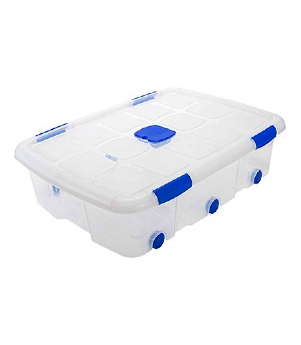 Caja de ordenación de plástico nº 14 transparente, con tapa, ruedas y asas,  capacidad 56 litros, 20.5 x 76.8 x 56.5