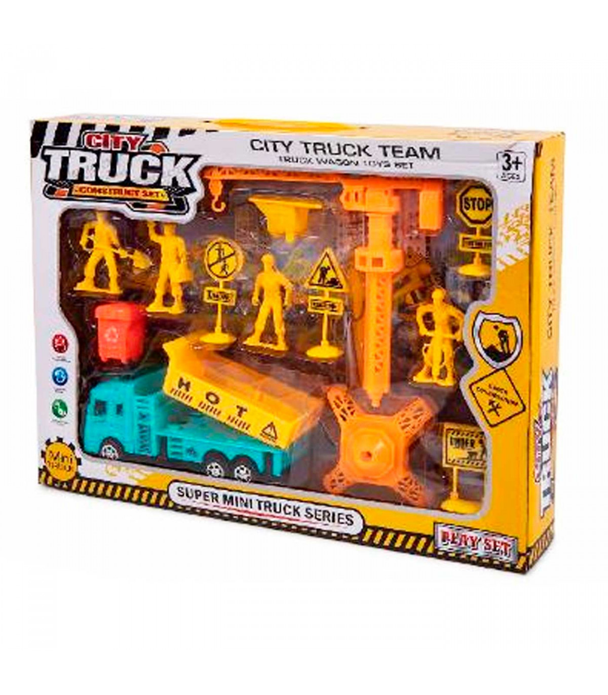 Conjunto de juguetes de set de figuras, camión, grua, señales, obra, juego construcción para niños