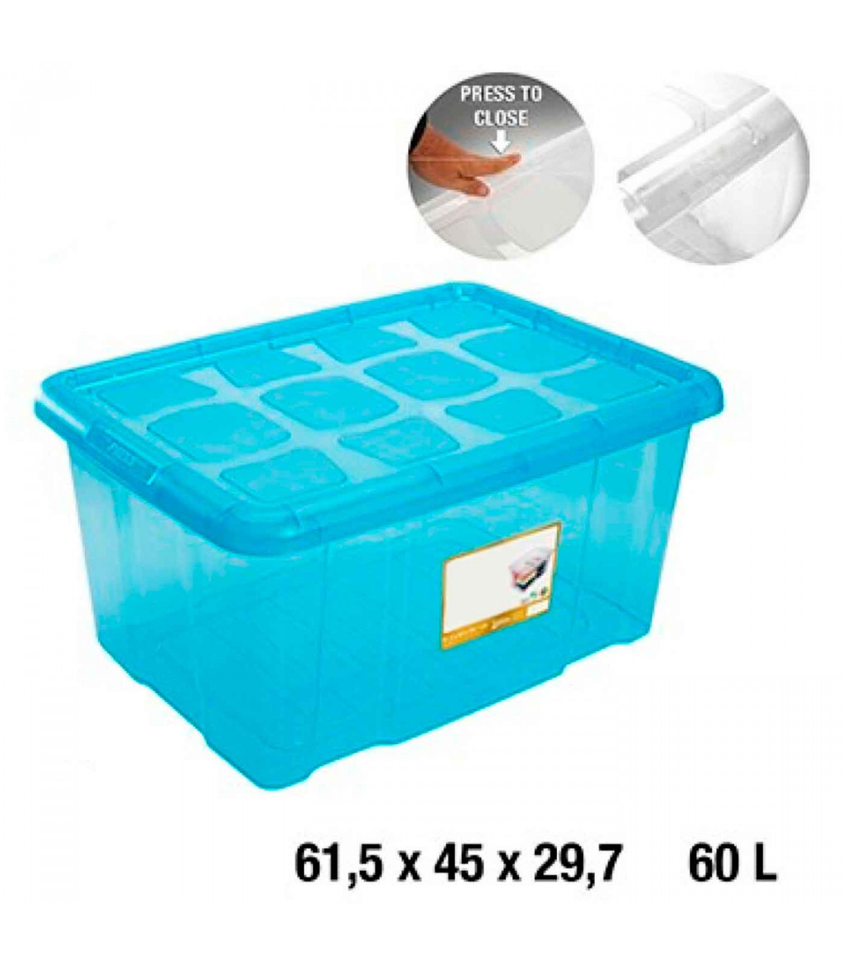 Caja almacenaje con tapa, plástico translúcido, cajón multiusos,  ordenación, almacenamiento de objetos, hogar, 60 litros, 29,7 x