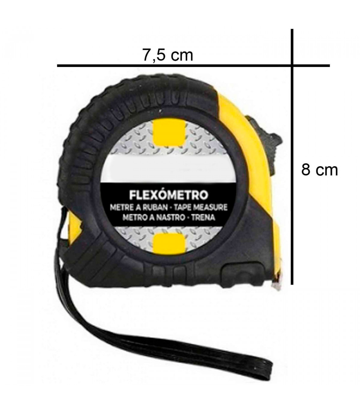 Flexómetro de 7,5 metros de plástico, recubrimiento de goma, ergonómica,  freno de seguridad, un clip de sujeción para el cinturó