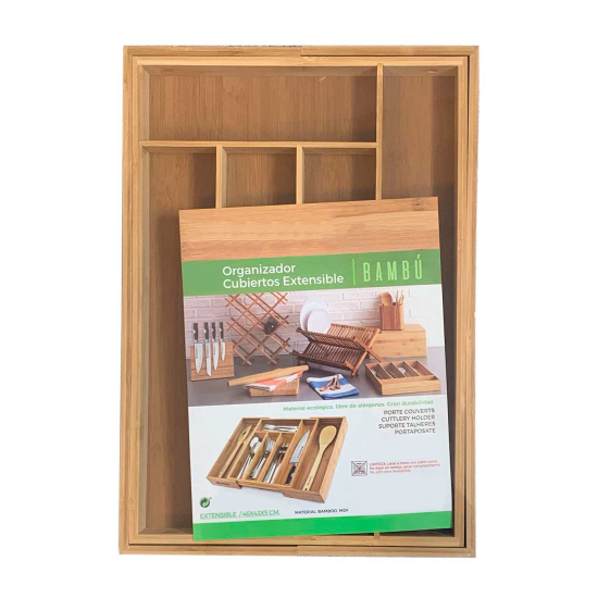 Cubertero, organizador de cubiertos de bambú extensible 5 a 7  compartimentos, 46 x 43 x 5 cm. Bandeja, porta utensilios de mader