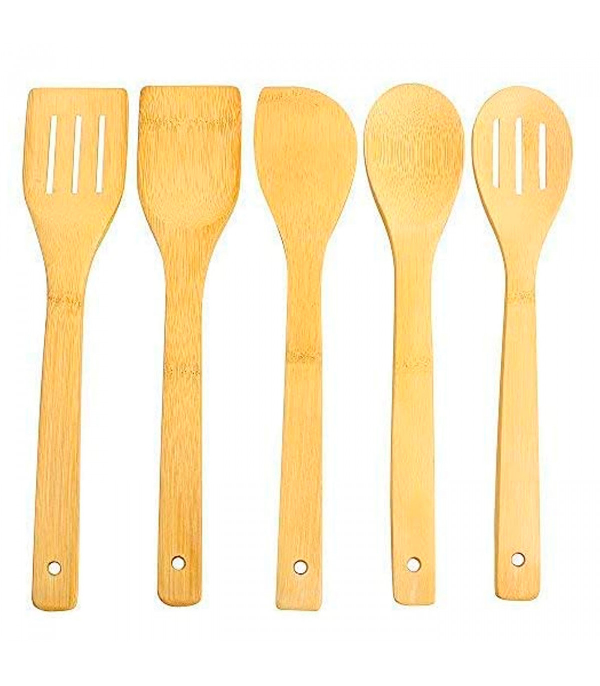 Set de 5 utensilios de cocina, madera de bambú, 30 cm, con soporte de 16 x  10 x 10 cm, cucharas y espátulas ranuradas y lisas co