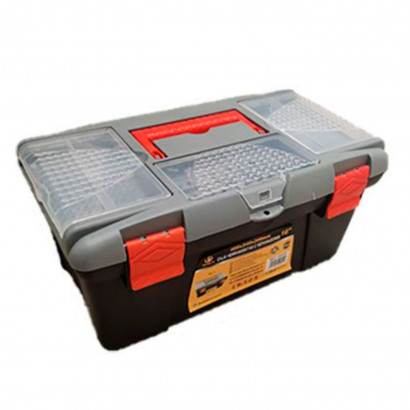 Tradineur - Caja para organizar de plástico de 37 x 30 x 8 cm con 2  compartimentos y asa. Organizador de herramientas para hogar