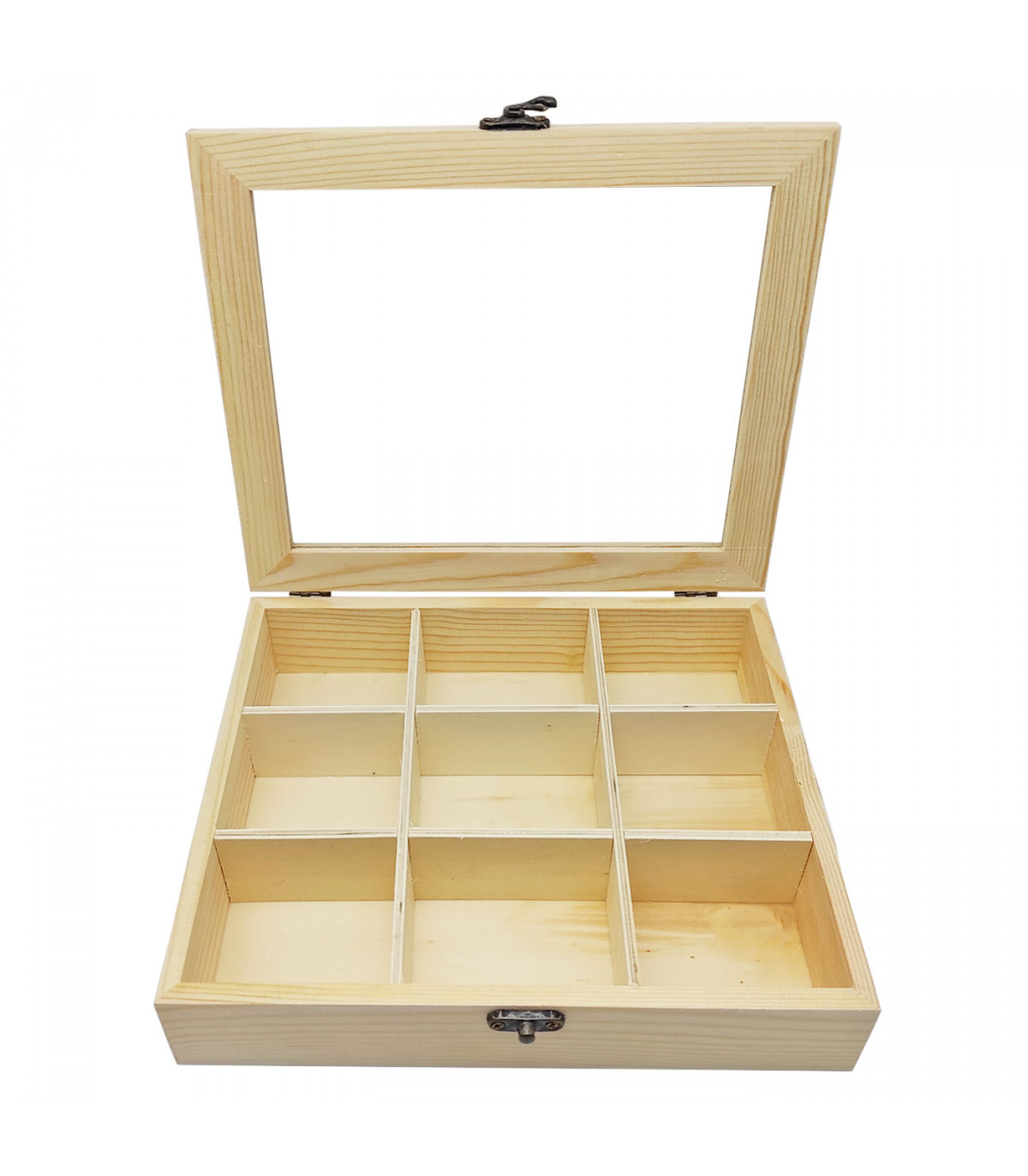Caja de madera con 9 compartimentos y tapa con cristal, expositor
