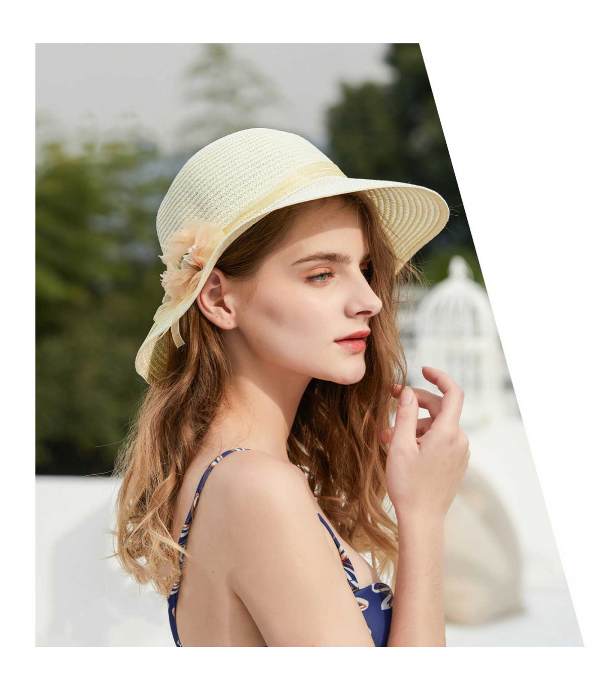 Tradineur - Sombrero de mujer con flor, paja flexible, ala ancha y de barbilla, protección solar, playa, piscina, aire libr