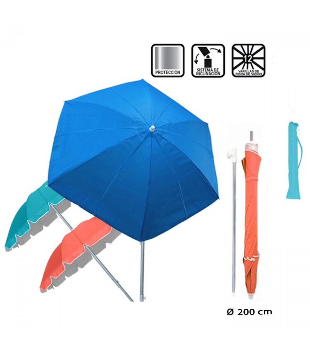 Tradineur - Sombrilla para playa de aluminio 200 cm, parasol de colores, quitasol regulable, diseño y colo