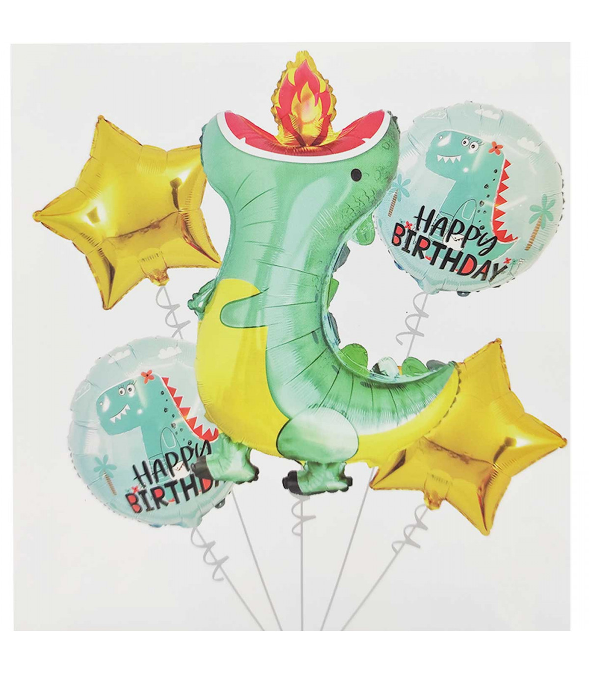 Set de 5 globos infantiles de helio decorados, látex, feliz cumpleaños,  dinosaurios, estrellas, verde, niños, fiestas, celebraci