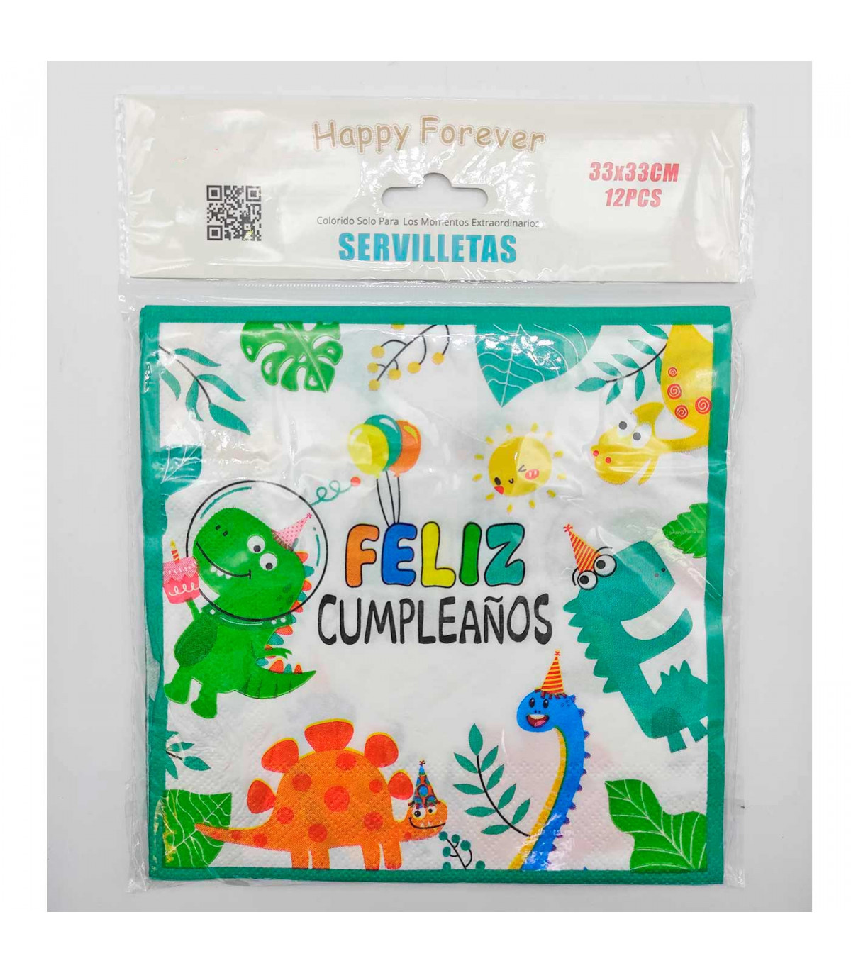 Pack de 12 servilletas infantiles de papel decoradas, feliz cumpleaños,  dinosaurios, verde, niños, fiestas, celebraciones, 33 x