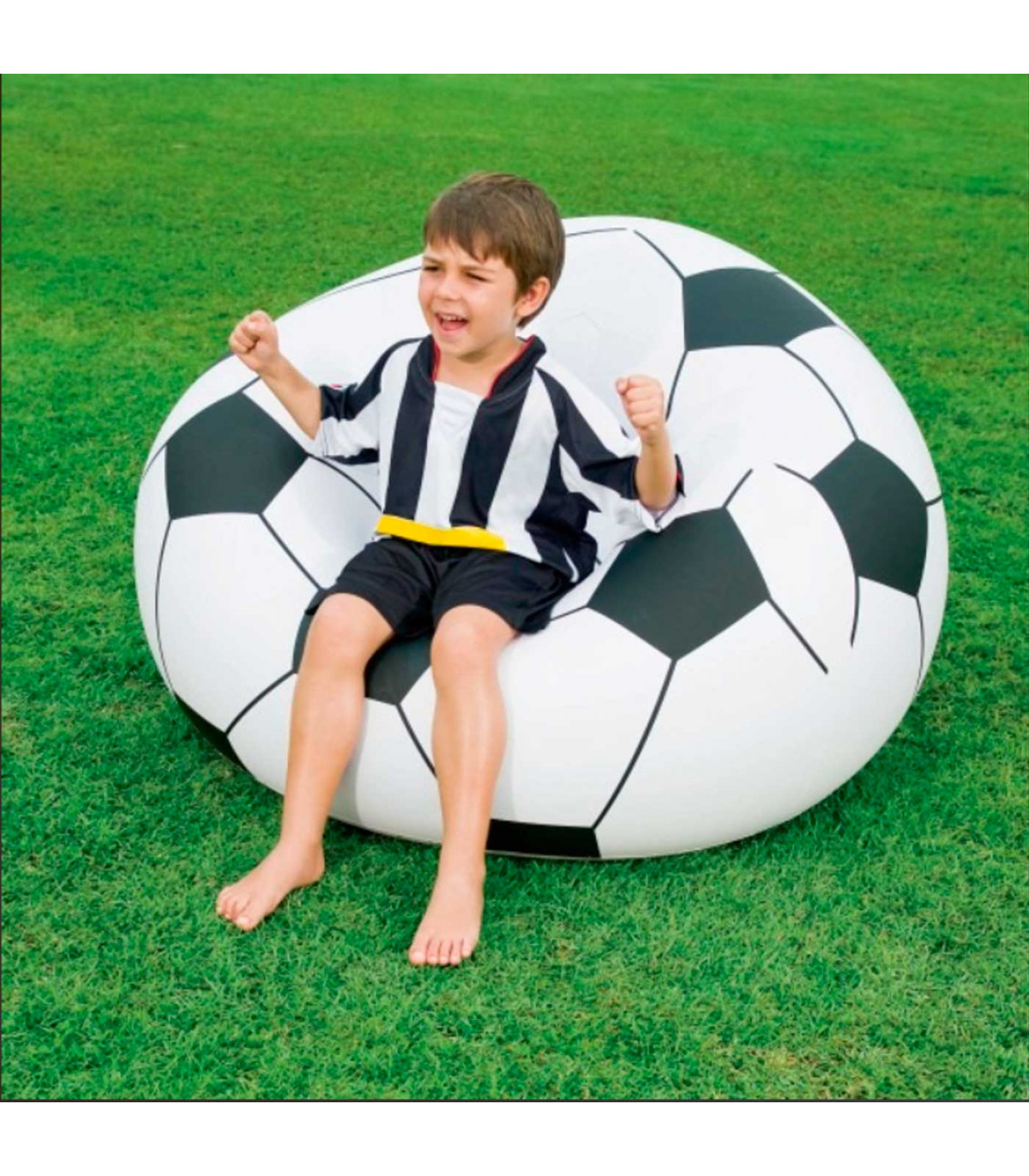 Tradineur - Sillón hinchable fútbol 114 x 112 x 66 cm, puff inflable balón,  asiento forma de pelota para interior y exterior, vá