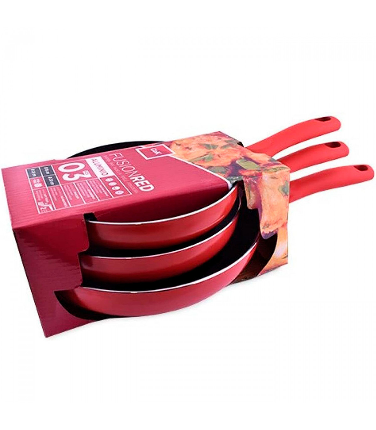 Tradineur - Set de 3 sartenes antiadherentes de aluminio Fusion Red,  mango ergonómico soft touch, para todas las cocinas, Ø 18
