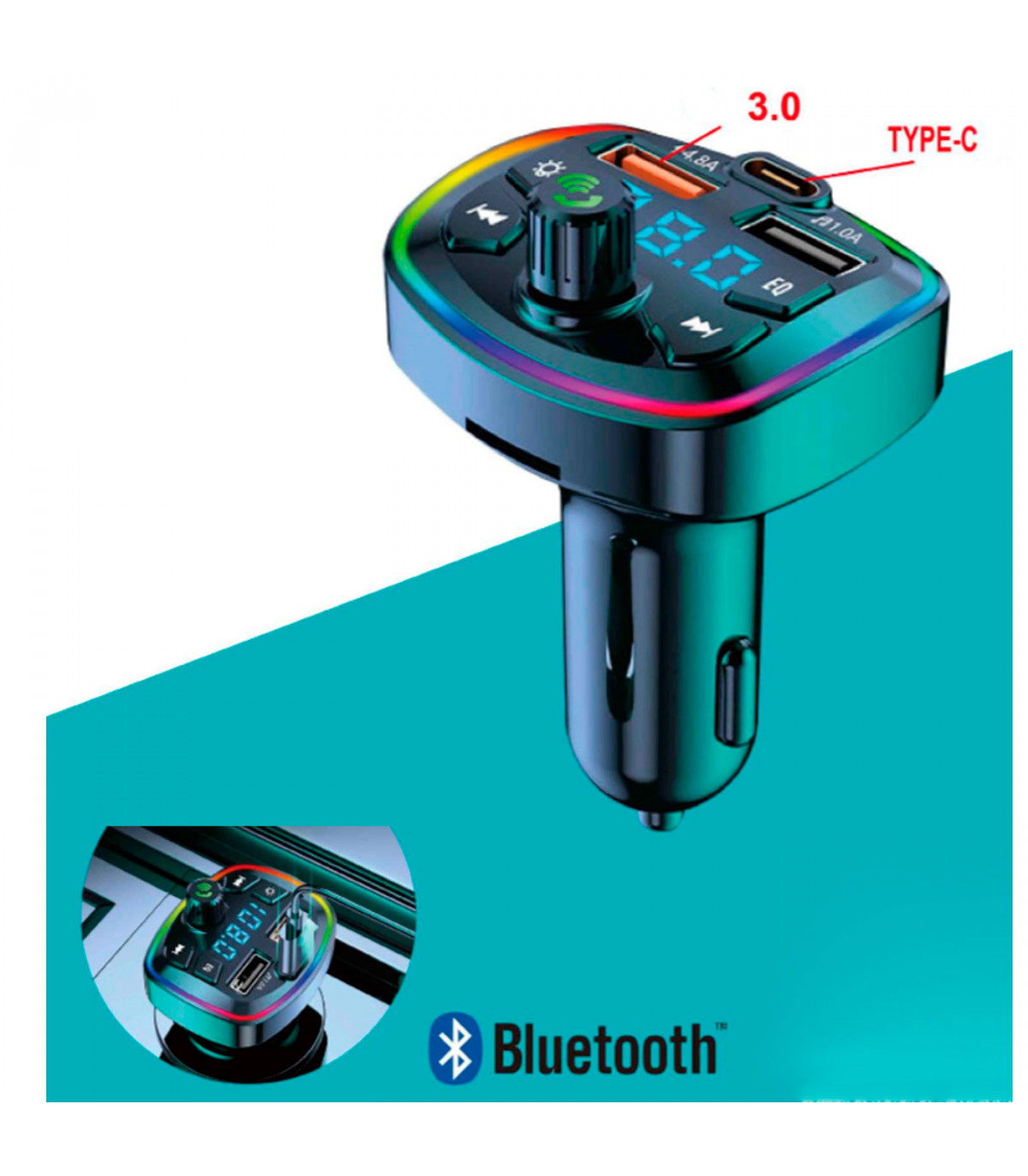 Transmisor FM bluetooth para mechero de coche, manos libres, reproductor de  música inalámbrico, soporte tarjeta SD, luz de color