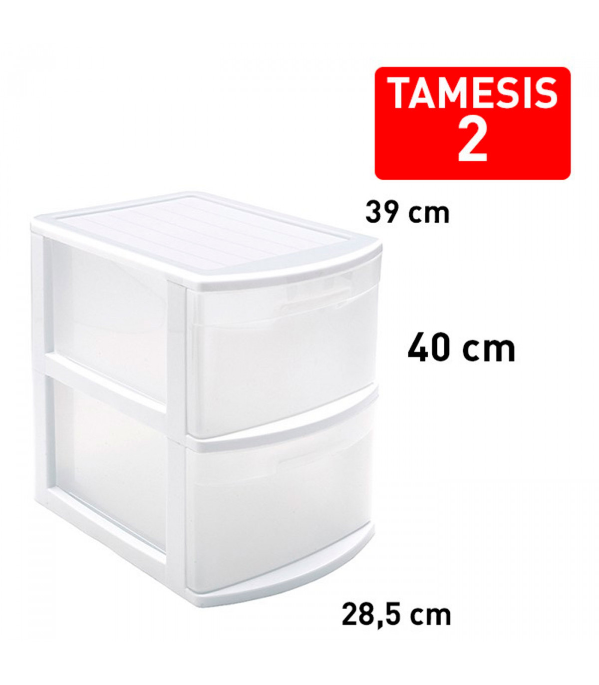Cajonera estrecha modelo Támesis de plástico, 2 cajones transparentes,  torre de almacenaje, oficina, hogar (Blanco