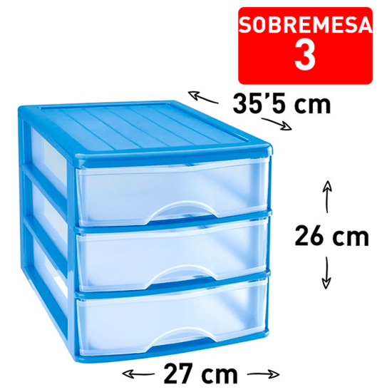 Tradineur - Cajonera de sobremesa loira, plástico azul con 4 cajones  transparentes 35 x 27 x 35,5 cm, torre almacenaje multiusos
