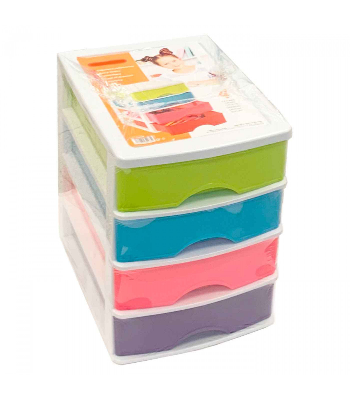 Cajonera de sobremesa de plástico blanco, 4 cajones multicolor, 35 x 27 x  35,5 cm, torre almacenaje multiusos, organ