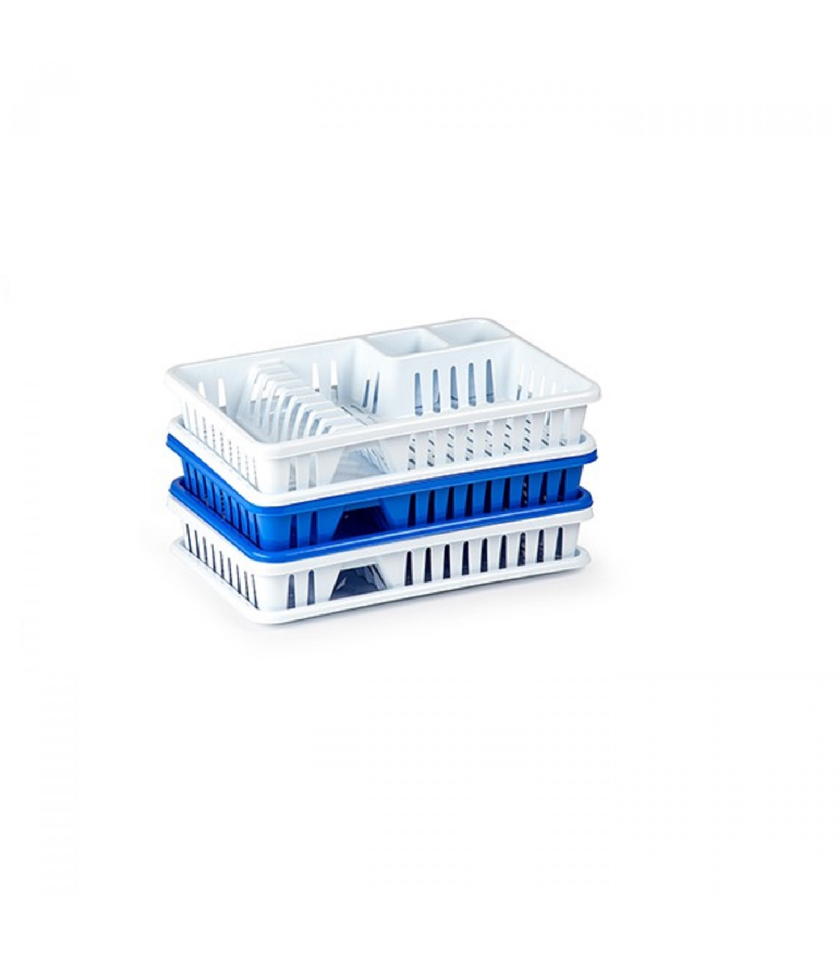 Tradineur - Escurreplatos blanco/azul plástico rectángular 45 x 29,7 x 8 cm