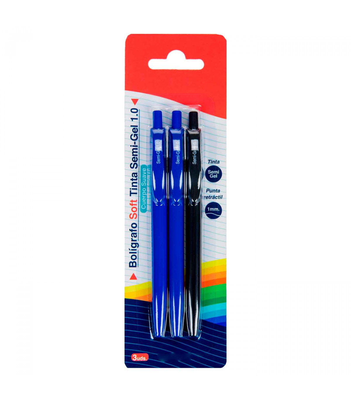 Tradineur - Set de 3 bolígrafos retráctiles - Fabricado en plástico PVC -  Tinta semi gel - Punta de 1mm - Color azul y negro.