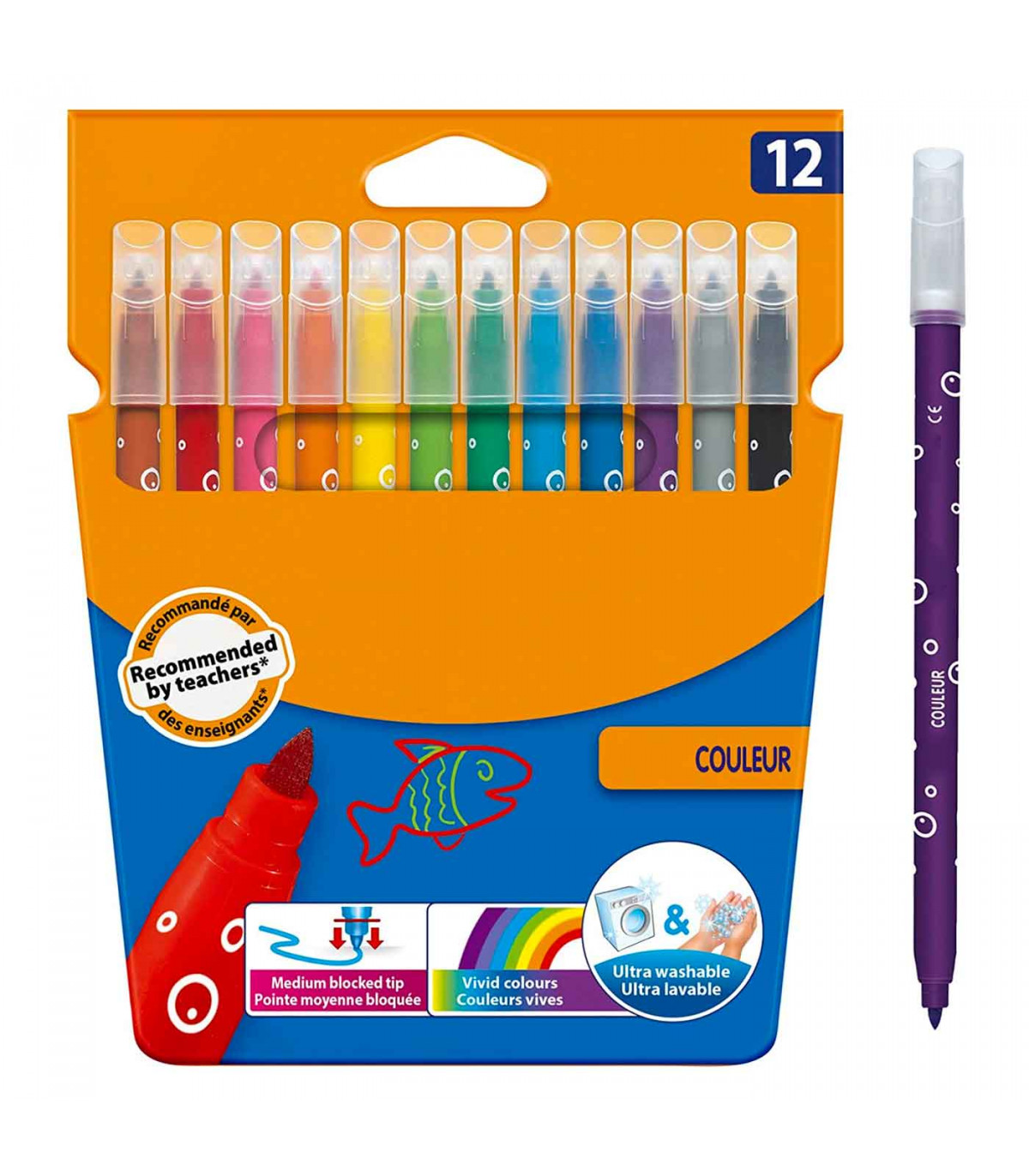 Tradineur - Caja de 12 rotuladores finos de colores para niños