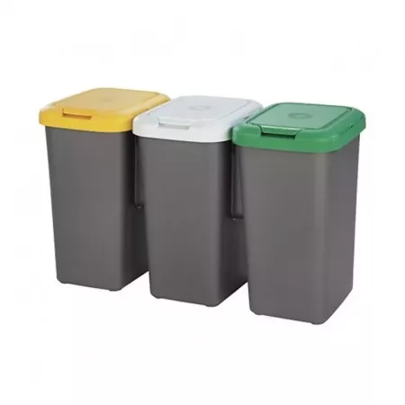 Set 3 Cubos Reciclaje 25L Gris con Tapas Resistente y Fácil Limpieza Set 3 Cubos Reciclaje 25L Gris con Tapas Resistente y Fácil Limpieza