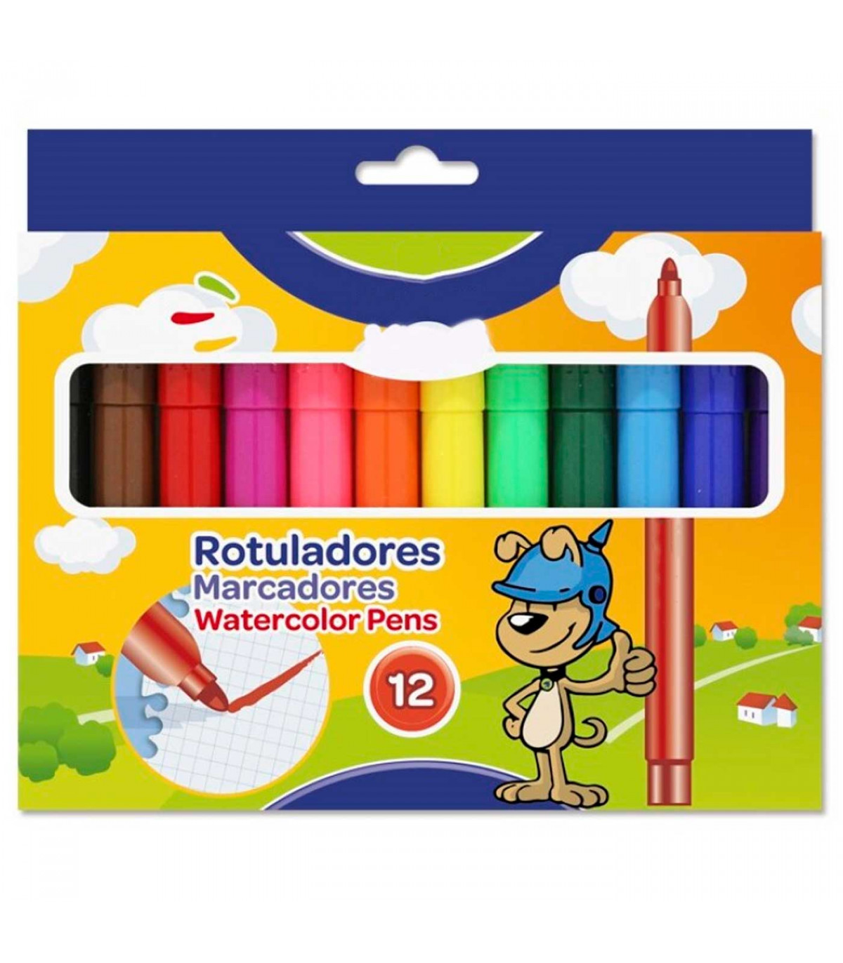 Tradineur - Caja de 12 rotuladores gruesos de colores para niños,  marcadores con punta resistente, material escolar, colores viv